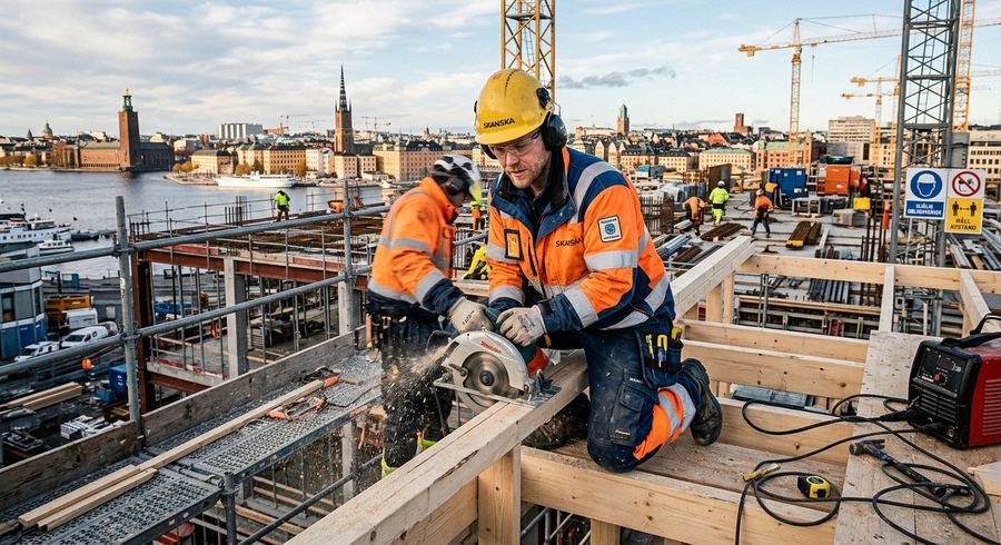 Byggarbetare på byggarbetsplats i Stockholm