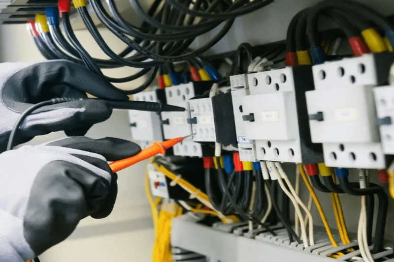 Elektriker som mäter i ett elskåp
